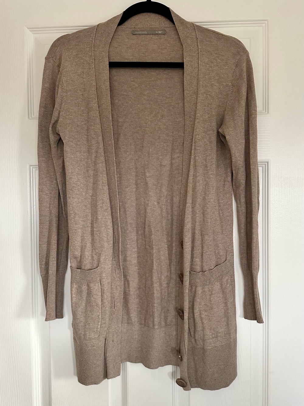 Rubbish Women’s XS Taupe Long Cardigan 100% Cotton Open Front Pockets